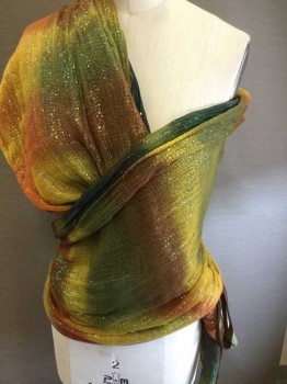 Womens, Shawl, NO LABEL, Yellow, Green, Brown, Cotton, W/ Clear Sequin Underlay, Brown Twill Ribbon Tie