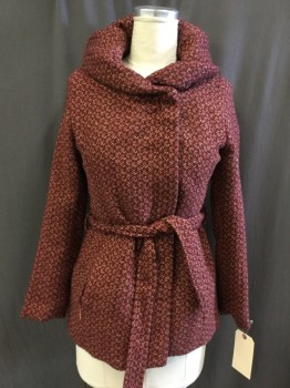 MOSSIMO, Red Burgundy, Fuchsia Pink, Tan Brown, Polyester, Wool, Geometric, Tweed, Double Breasted, Button Front, 2 Slit Pocket, Thick Exaggerated Shawl Collar, MATCHING BELT