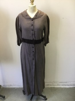 Womens, Dress 1890s-1910s, N/L, Gray, Black, Linen, Cotton, Solid, W32, B34, Linen Dress with Self Eyelet Collar. Velvet Covered Buttons at Front Placket. Velvet Panel at 3/4 Sleeves and High Waist. Eyelet Lace Trim at Cuffs.sun Damage at Shoulders. Repair Work at Right Front Near Placet Base,