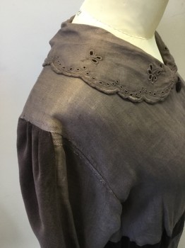 Womens, Dress 1890s-1910s, N/L, Gray, Black, Linen, Cotton, Solid, W32, B34, Linen Dress with Self Eyelet Collar. Velvet Covered Buttons at Front Placket. Velvet Panel at 3/4 Sleeves and High Waist. Eyelet Lace Trim at Cuffs.sun Damage at Shoulders. Repair Work at Right Front Near Placet Base,