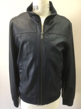 Mens, Leather Jacket, DKNY, Navy Blue, Faux Leather, Synthetic, Medium, Zip Front, Rib Knit Cuffs and Collar Edge