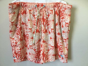 Mens, Swim Trunks, TOMMY BAHAMA, Red-Orange, White, Peach Orange, Nylon, Novelty Pattern, Floral, XL, Swim Trunks, Hawaiian Floral Print with Sea Turtles, Tropical Foliage, Etc, Elastic Waist, White with Navy Dashed Pattern Cord Drawstring Ties At Waist, 3 Pockets, 6.5" Inseam