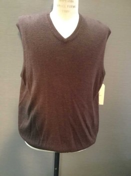 JOS A BANK, Brown, Wool, Heathered, VEST:  Heather Med Brown, Flat Knit, V-neck, See Photo Attached,