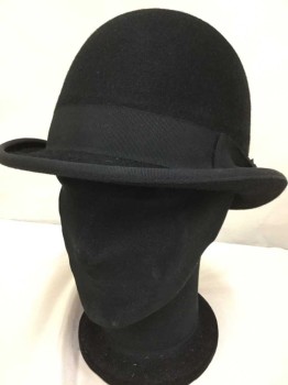 Mens, Bowler Hat 1890s-1910s, KAMINSKI, Black, Wool, Solid, 59cm , Hard Structure, Tall Round Crown, Narrow Brim, 1.5" Band/bow and Edge Trim