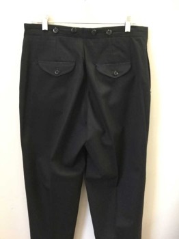 Mens, Pants 1890s-1910s, NO LABEL, Navy Blue, Wool, Solid, 29, 32, Flat Front, Button Fly, Suspender Buttons, Back Pockets with Button Down Flaps, Good Condition