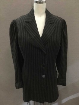 Womens, Jacket 1890s-1910s, N/L, Charcoal Gray, Black, Wool, Stripes - Vertical , W:30, B:36, H: 40, Long Sleeves, Single Breasted, Rounded Slightly Peaked Lapel, 4 Black/Dark Metal Buttons, Hip Length, 3 Pockets, Cuffed Sleeves, Black Button Closures At Center Back Double Vents,
