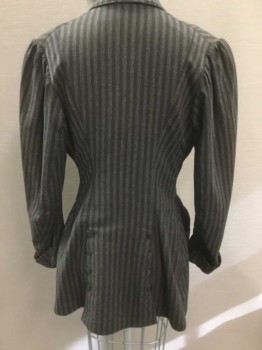 N/L, Charcoal Gray, Black, Wool, Stripes - Vertical , Long Sleeves, Single Breasted, Rounded Slightly Peaked Lapel, 4 Black/Dark Metal Buttons, Hip Length, 3 Pockets, Cuffed Sleeves, Black Button Closures At Center Back Double Vents,