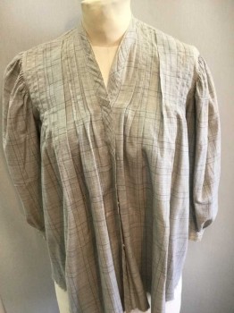 Womens, Historical Fiction Blouse, N/L, Lt Gray, Gray, Cotton, Plaid-  Windowpane, B:38, Light Gray with Thin Gray Windowpane Stripes, 3/4 Sleeve, Snap Closures At Front, Narrow V Neck, Puffy Sleeves with Pleated Shoulders, Pleats Of Various Sizes At Center Front Shoulder, 1" Rectangular Panel At Center Back Waist with Gathers On Either Side, *Discolored/Yellowed In Various Spots, Worn At Cuffs, 1800's