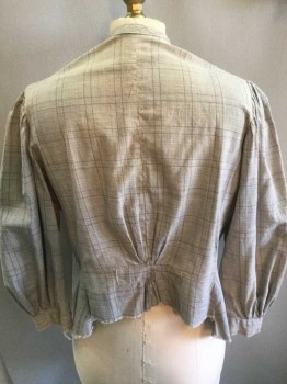 Womens, Historical Fiction Blouse, N/L, Lt Gray, Gray, Cotton, Plaid-  Windowpane, B:38, Light Gray with Thin Gray Windowpane Stripes, 3/4 Sleeve, Snap Closures At Front, Narrow V Neck, Puffy Sleeves with Pleated Shoulders, Pleats Of Various Sizes At Center Front Shoulder, 1" Rectangular Panel At Center Back Waist with Gathers On Either Side, *Discolored/Yellowed In Various Spots, Worn At Cuffs, 1800's