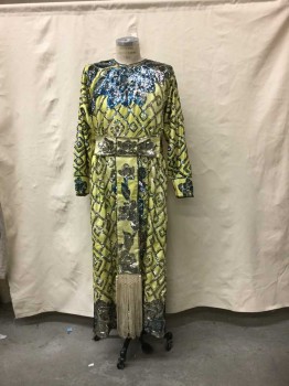 Lemon Yellow, Silver, Blue, Silk, Sequins, Solid, Long Sleeves, Cross Over Snap Closure Slit Open Front And Back , Lemon Silk With Silver & Blue Sequins All Over