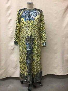 Mens, Historical Fiction Tunic, Lemon Yellow, Silver, Blue, Silk, Sequins, Solid, Long Sleeves, Cross Over Snap Closure Slit Open Front And Back , Lemon Silk With Silver & Blue Sequins All Over