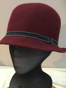 Womens, Cloche, MTO, Wine Red, Wool, Solid, Simple Short Brim with Black Grosgrain Ribbon Band Top Stitched with White, 1920's Repro