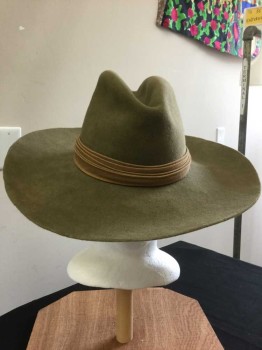Mens, Cowboy Hat, N/L, Olive Green, Wool, Solid, Lt Brown Pleated Fabric Hat Band, See Photo Attached,