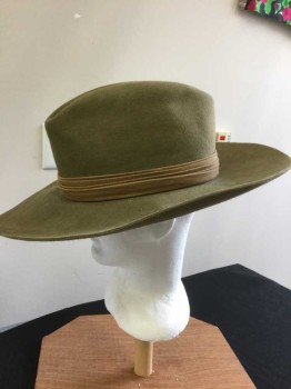 N/L, Olive Green, Wool, Solid, Lt Brown Pleated Fabric Hat Band, See Photo Attached,