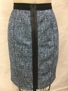 ELIE TAHARI, Teal Blue, Black, Cream, Cotton, Polyester, Heathered, Heather Black, Teal, Cream,  2 Inverted Vertical Seams Front, with 1-1/4" Black Waist Band, Exposed Large Black Zip Back,