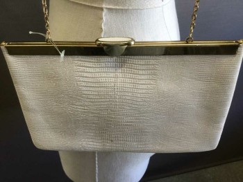 Womens, Purse, ETRA GENUINE LEATHER, Cream, Gold, Leather, Metallic/Metal, Reptile/Snakeskin, Flat, Gold Clasp Top, Gold Chain Strap