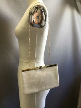 Womens, Purse, ETRA GENUINE LEATHER, Cream, Gold, Leather, Metallic/Metal, Reptile/Snakeskin, Flat, Gold Clasp Top, Gold Chain Strap