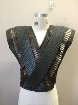 MTO, Copper Metallic, Teal Blue, Gold, Tobacco Brown, Charcoal Gray, Polyester, Leather, Abstract , Geometric, Egyptian Guard, Big Shoulder Pads, Velcro Side Closures, Cropped, Multiples, Vest, Tunic, Breastplate,
