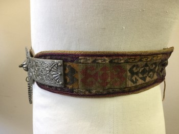 MTO, Multi-color, Silver, Metallic/Metal, Leather, Made To Order, Persian Belt, Ties Center Back, Silver Metal Plate Center Front with Chain Swags, Colorful Cross-Stitched Sides, All Based on Leather.