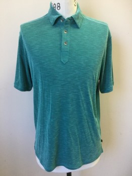 TOMMY BAHAMA, Green, Teal Green, Mint Green, Baby Blue, Cotton, Lycra, Heathered, Heather Green, Mint, Teal Green with Baby Blue Stitches at Shoulder, Collar Attached, 3 Metal Button Front, Short Sleeves