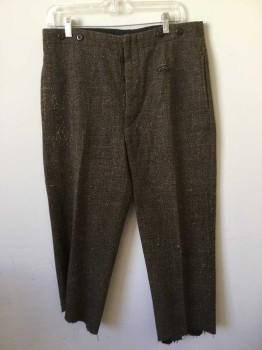 MTO, Brown, Black, Cream, Wool, Tweed, Working Class Pants. Cropped Pants, Holes at Left Front Upper, Knee and Jagged Cut Hemline. Right Leg Piled at Hip. Button Fly, 2 Slit Pockets, Old West