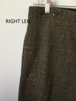 MTO, Brown, Black, Cream, Wool, Tweed, Working Class Pants. Cropped Pants, Holes at Left Front Upper, Knee and Jagged Cut Hemline. Right Leg Piled at Hip. Button Fly, 2 Slit Pockets, Old West