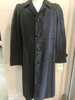 Mens, Coat, PENNY'S, Black, Gray, Wool, Plaid, 42, 5 Buttons, Collar Attached, Full Length, 2 Welt Pocket,
