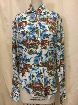 ROCKMOUNT, Multi-color, Cotton, Novelty Pattern, Multi Color Horse/ Wagon/ Palm Tree Print, "aloha Beach Ranch" Print, Snap Front, Collar Attached, Long Sleeves, 2 Flap Pockets