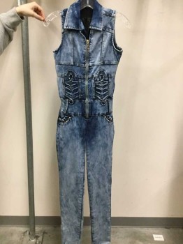 Womens, Jumpsuit, Lt Blue, Dk Blue, Polyester, Spandex, Tie-dye, 24w, 32b, Zip Front, V-neck, Collar Attached, Rhinestone & Studded  Front