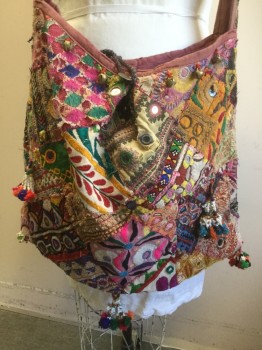 Womens, Purse, N/L, Red, Pink, Blue, Yellow, Green, Cotton, Beaded, Patchwork, With Beaded Tassels, Brass Bells, Loop and Coin Closure, Self Wide Strap