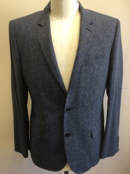 HUGO BOSS, Blue, Navy Blue, Lt Gray, Silk, Wool, Check , Speckled, Single Breasted, 2 Buttons,  3 Pockets, Notched Lapel,