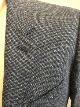 HUGO BOSS, Blue, Navy Blue, Lt Gray, Silk, Wool, Check , Speckled, Single Breasted, 2 Buttons,  3 Pockets, Notched Lapel,
