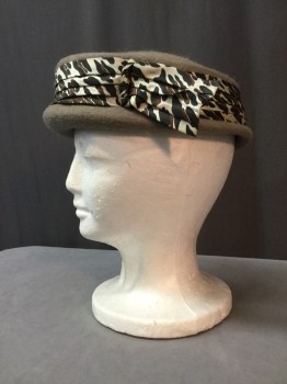 Womens, Hat, FAIR TWEED, Taupe, Ivory White, Brown, Black, Wool, Solid, Animal Print, Taupe Felted Wool, Leopard Print Pleated Band with Flap,