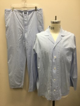 Mens, Sleepwear PJ Top, NORDSTROM, Lt Blue, White, Cotton, Stripes - Vertical , Stripes - Pin, L, Long Sleeve Button Front, Rounded Notched Collar, 1 Patch Pocket at Chest