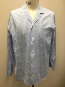 Mens, Sleepwear PJ Top, NORDSTROM, Lt Blue, White, Cotton, Stripes - Vertical , Stripes - Pin, L, Long Sleeve Button Front, Rounded Notched Collar, 1 Patch Pocket at Chest