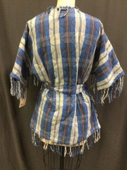 SEA, Royal Blue, Faded Red, Cream, Gray, Cotton, Polyester, Plaid, Wavy Line Quilted, Self Fringed Edges, No Closures, Short Sleeves, 2 Pockets, Belt Loops,  MATCHING BELT, Funky, Artsy Type