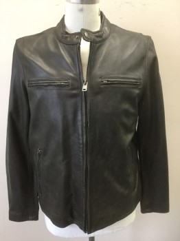 WILSON, Faded Black, Leather, Solid, Zip Front, Round Neck,  4 Zip Pockets, Zippers at Cuffs, Black Cotton Lining