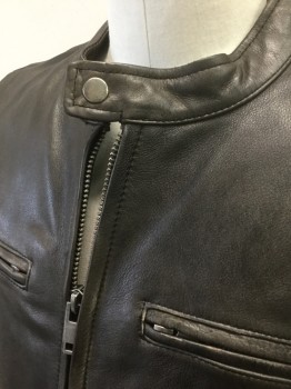 WILSON, Faded Black, Leather, Solid, Zip Front, Round Neck,  4 Zip Pockets, Zippers at Cuffs, Black Cotton Lining