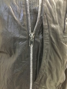 ALL SAINTS, Black, Leather, Solid, Zip Front, , Band Collar, Elastic Waist, 3 Pockets Plus Sneaky Designer Napoleon Pocket Center Front,