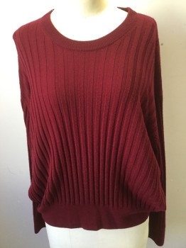RO, Wine Red, Wool, Solid, Crew Neck, Rib Knit, Long Sleeves,