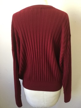 RO, Wine Red, Wool, Solid, Crew Neck, Rib Knit, Long Sleeves,
