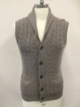 LINCS, Taupe, Cashmere, Solid, Cable Knit, Cardigan Vest, Shawl Collar, 5 Buttons, Cable Knit Front,. Ribbed Knit Armholes/Waistband