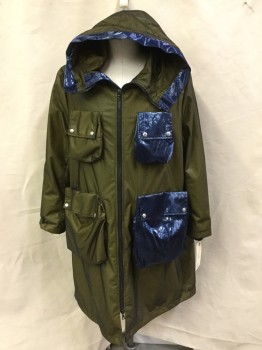 MTO, Brown, Yellow, Navy Blue, Black, Plastic, Vinyl, Dots, Solid, 3/4 Length Coat, Attached Hoody Matching Navy Trim with 2 Pockets, Black Lining, Zip Front, 4 Pockets with Flap & 2 Snaps, Long Sleeves,