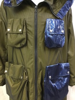 Mens, Coat, MTO, Brown, Yellow, Navy Blue, Black, Plastic, Vinyl, Dots, Solid, XL, 3/4 Length Coat, Attached Hoody Matching Navy Trim with 2 Pockets, Black Lining, Zip Front, 4 Pockets with Flap & 2 Snaps, Long Sleeves,