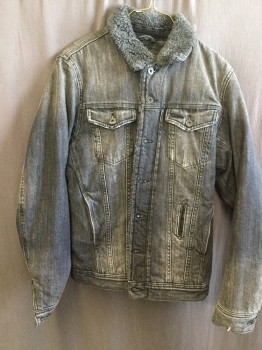 DIESEL, Faded Black, Cotton, Solid, Denim Jacket, Button Front, Flap Pockets, Shearling Lining