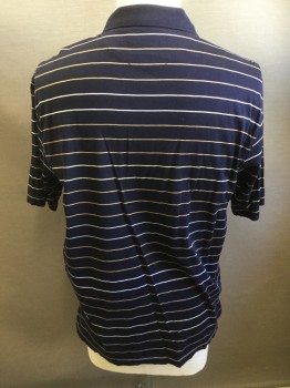 JOS A. BANK, Navy Blue, White, Khaki Brown, Cotton, Stripes, Navy with Horizontal White/Khaki Stripes, Short Sleeves, Solid Navy Ribbed Knit Collar Attached