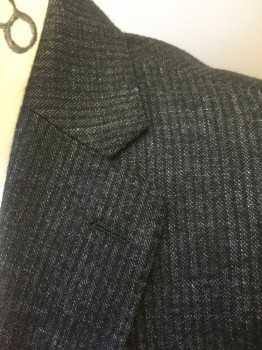 JOHN VARVATOS, Charcoal Gray, Black, Wool, Silk, Stripes - Vertical , Speckled, Black with Charcoal Speckled Stripes, Single Breasted, Notched Lapel, 2 Buttons, 3 Pockets, Solid Black Lining