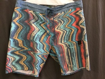 VOLCOM, Turquoise Blue, Red, Goldenrod Yellow, Off White, Navy Blue, Polyester, Cotton, Zig-Zag , D-string Waist Band, 3 Pockets