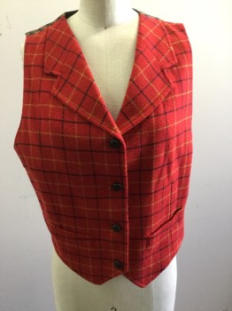 GAP, Red, Navy Blue, Tan Brown, Wool, Polyester, Plaid, Medallion Pattern, Button Front, Notched Lapel, Full Back with Tie Medallion Print