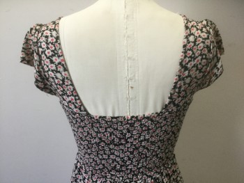 KIMCHI BLUE, Black, Ecru, Pink, Rayon, Floral, Black with Busy Ecru and Pink Flowers Pattern, Cap Sleeve, Plunging Angled Square/V Neck Line, Smocked at Side and Back Waist, Buttons Down Front, Mini Length